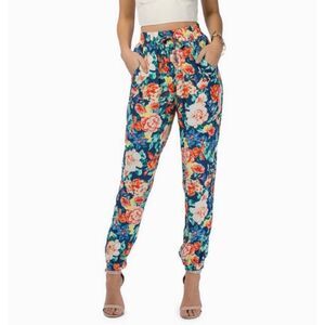 MINK PINK Womens Pants Medium Blue Floral High Waisted Tapered Jogger Pockets
